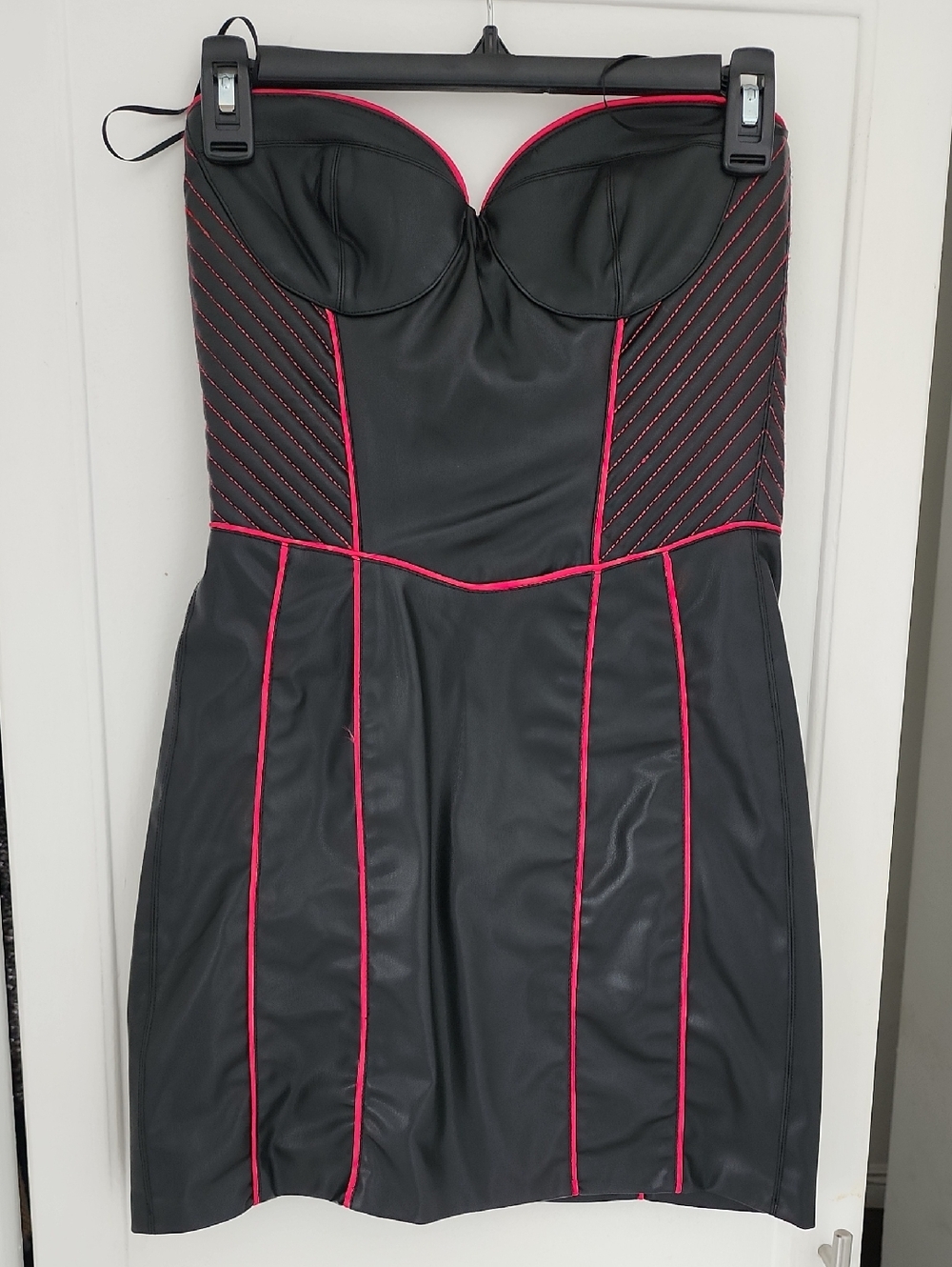 Strapless Black Faux-Leather Mini Dress with Pink Piping